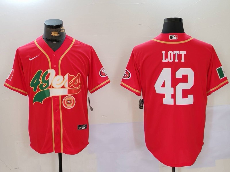 Men's San Francisco 49ers #42 Ronnie Lott Red With Patch Cool Base Stitched Baseball Jersey 2