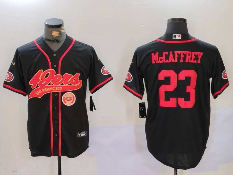 Men's San Francisco 49ers #23 Christian McCaffrey Black With Patch Cool Base Stitched Baseball Jersey 2