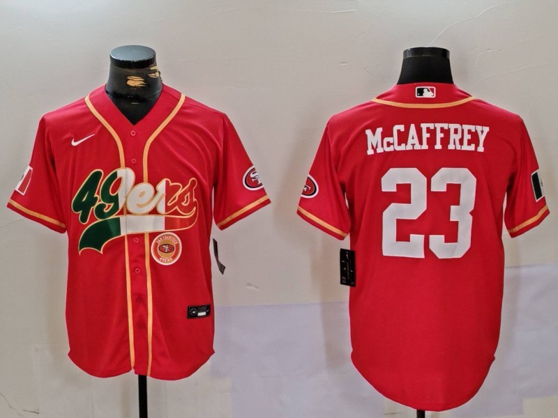 Men's San Francisco 49ers #23 Christian McCaffrey Red With Patch Cool Base Stitched Baseball Jersey 5