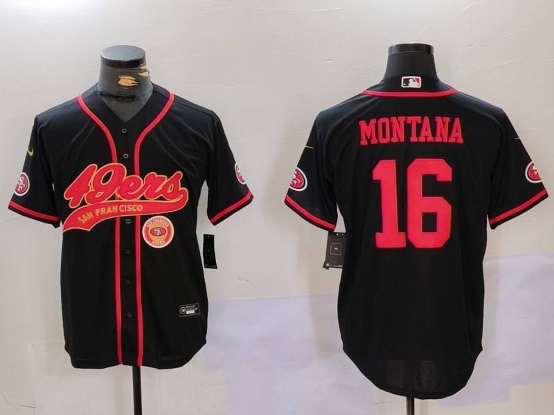 Men's San Francisco 49ers #16 Joe Montana Black With Patch Cool Base Stitched Baseball Jersey 5