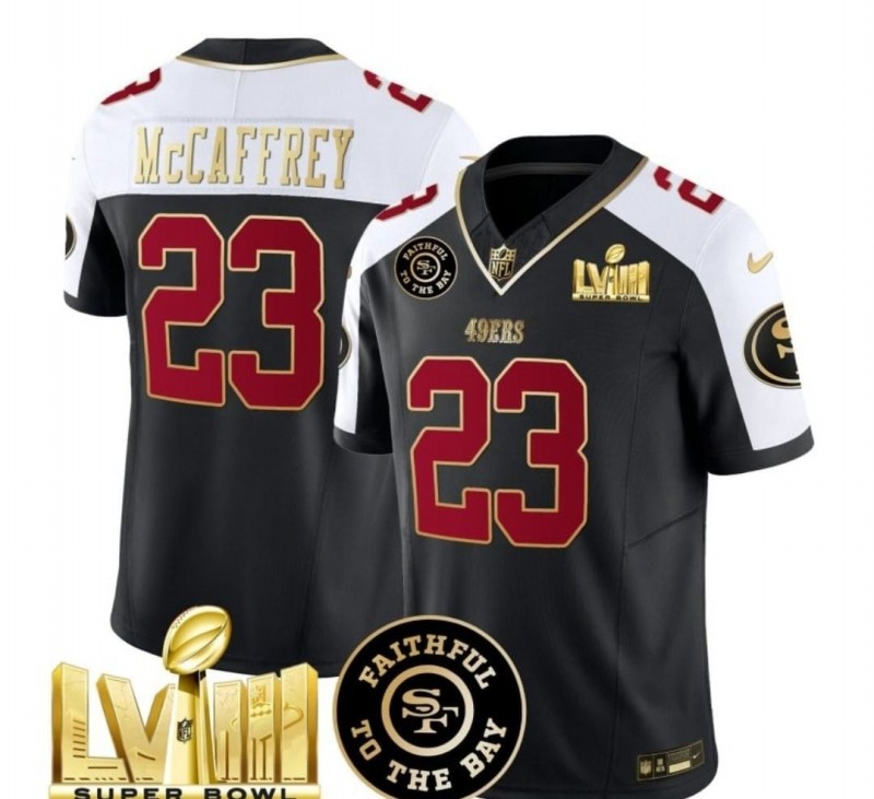 Men's San Francisco 49ers #23 Christian McCaffrey Black White 2024 F.U.S.E. Super Bowl LVIII Patch Alternate Vapor Limited Stitched Football Jersey