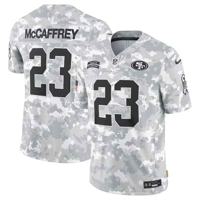 Men's San Francisco 49ers #23 Christian McCaffrey 2024 Arctic Camo Salute To Service Limited Stitched Football Jersey