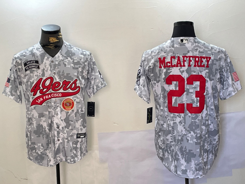 Men's San Francisco 49ers #23 Christian McCaffrey 2024 Arctic Camo Salute To Service Stitched Baseball Jersey 5