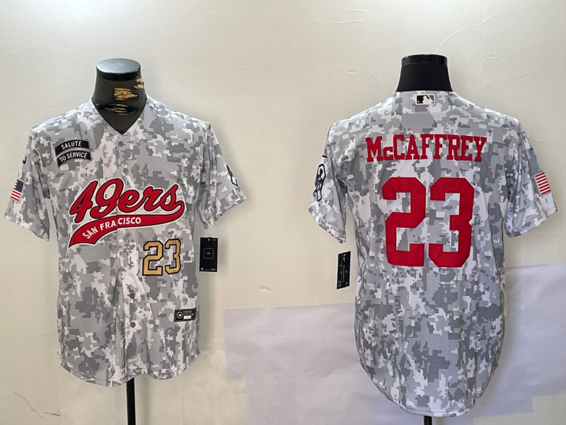 Men's San Francisco 49ers #23 Christian McCaffrey 2024 Arctic Camo Salute To Service Stitched Baseball Jersey 3