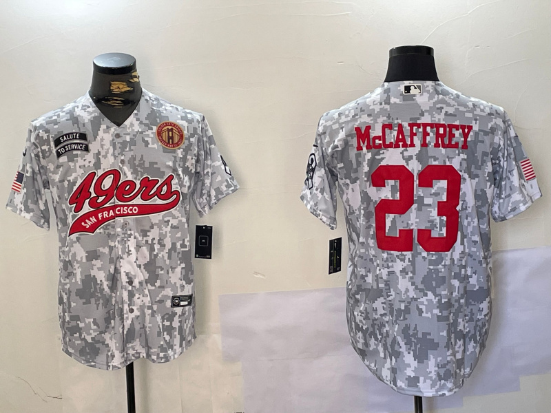 Men's San Francisco 49ers #23 Christian McCaffrey 2024 Arctic Camo Salute To Service Stitched Baseball Jersey 2