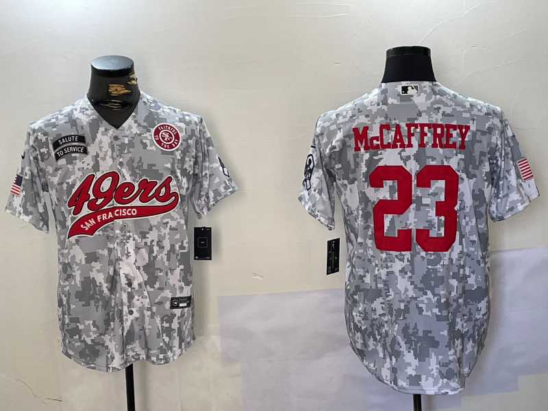 Men's San Francisco 49ers #23 Christian McCaffrey 2024 Arctic Camo Salute To Service Stitched Baseball Jersey 1