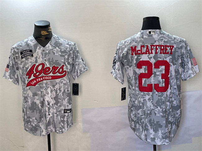 Men's San Francisco 49ers #23 Christian McCaffrey 2024 Arctic Camo Salute To Service Stitched Baseball Jersey