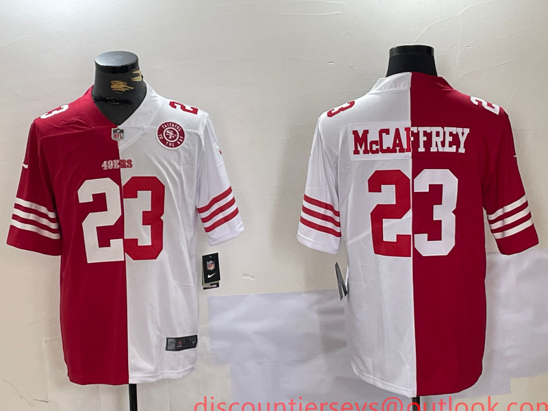 Men's San Francisco 49ers #23 Christian McCaffrey Red & White Split Limited Stitched Jersey 1