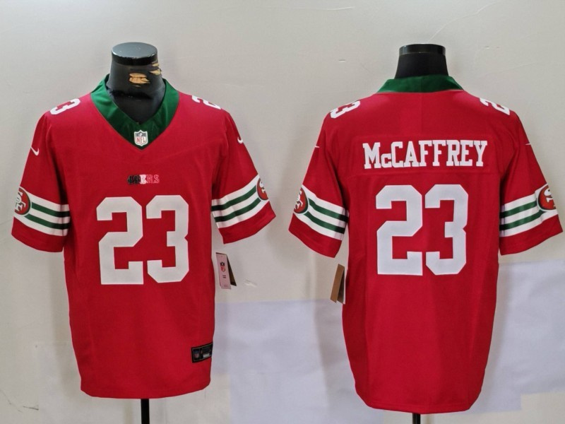 Men's San Francisco 49ers #23 Christian McCaffrey Red Gold With Patch Vapor Limited Stitched Football Jersey