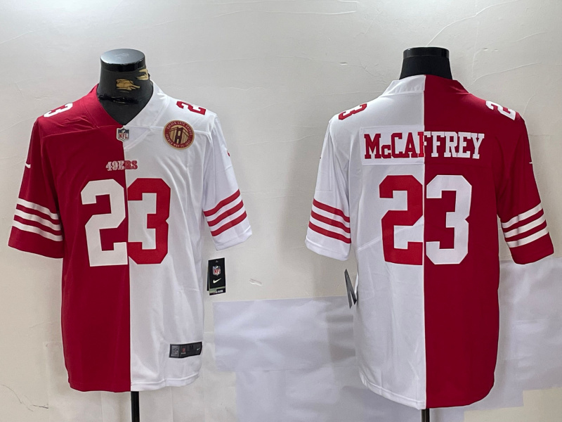 Men's San Francisco 49ers #23 Christian McCaffrey Red & White Split Limited Stitched Jersey 3