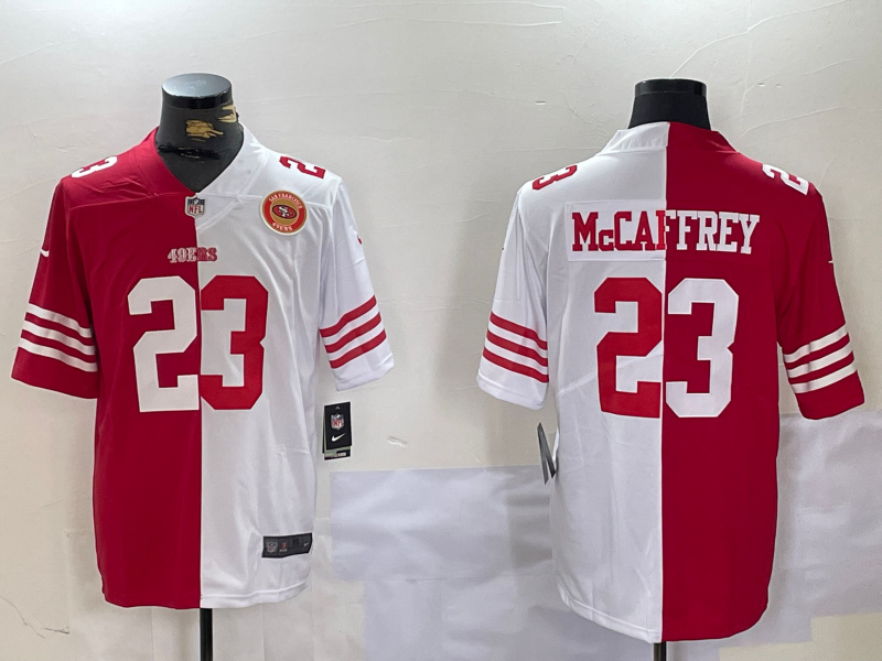 Men's San Francisco 49ers #23 Christian McCaffrey Red & White Split Limited Stitched Jersey 2