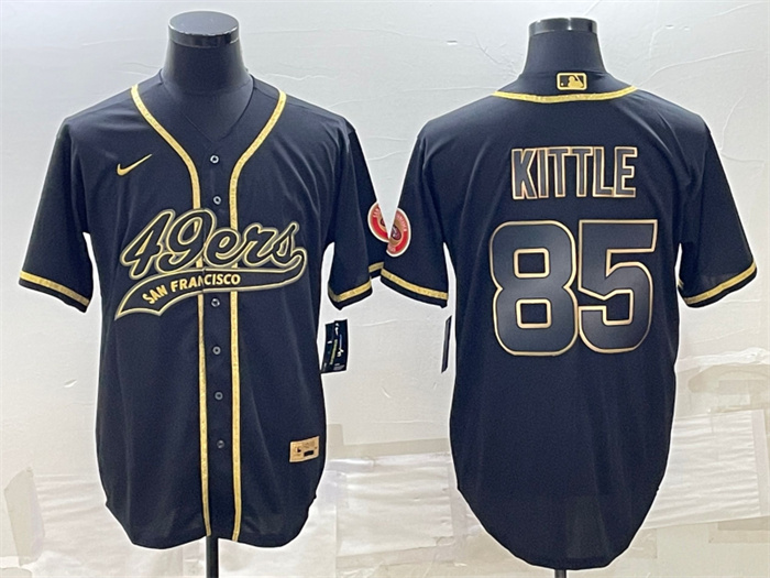 Men's San Francisco 49ers #85 George Kittle Black Gold With Patch Cool Base Stitched Baseball Jersey