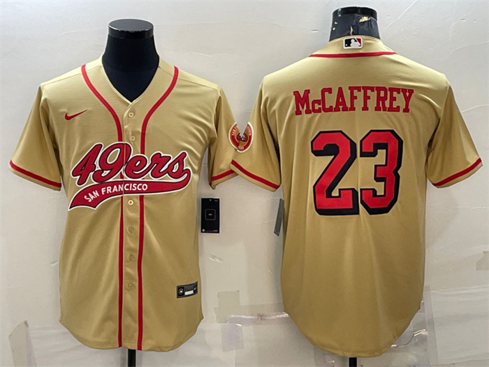 Men's San Francisco 49ers #23 Christian McCaffrey New Gold With Patch Cool Base Stitched Baseball Jersey