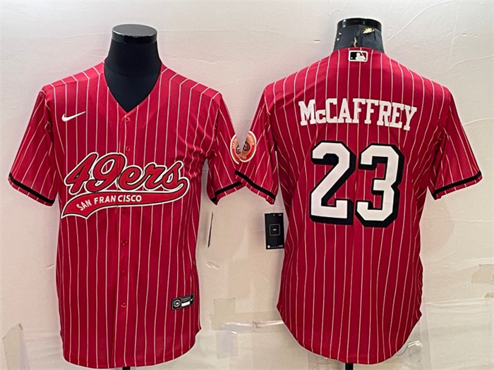 Men's San Francisco 49ers #23 Christian McCaffrey Red With Patch Cool Base Stitched Baseball Jersey