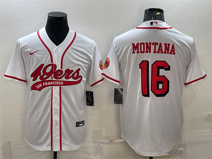 Men's San Francisco 49ers #16 Joe Montana New White With Patch Cool Base Stitched Baseball Jersey