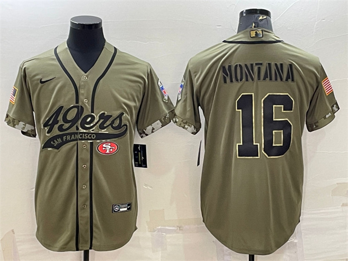 Men's San Francisco 49ers #16 Joe Montana 2022 Olive Salute To Service Cool Base Stitched Baseball Jersey