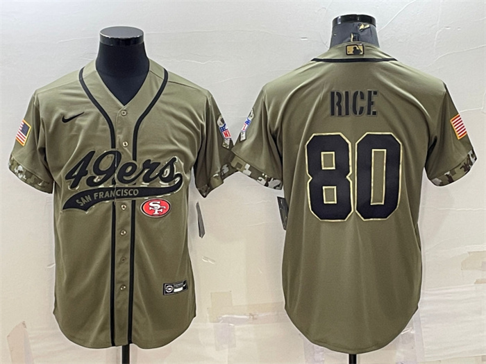 Men's San Francisco 49ers #80 Jerry Rice 2022 Olive Salute To Service Cool Base Stitched Baseball Jersey