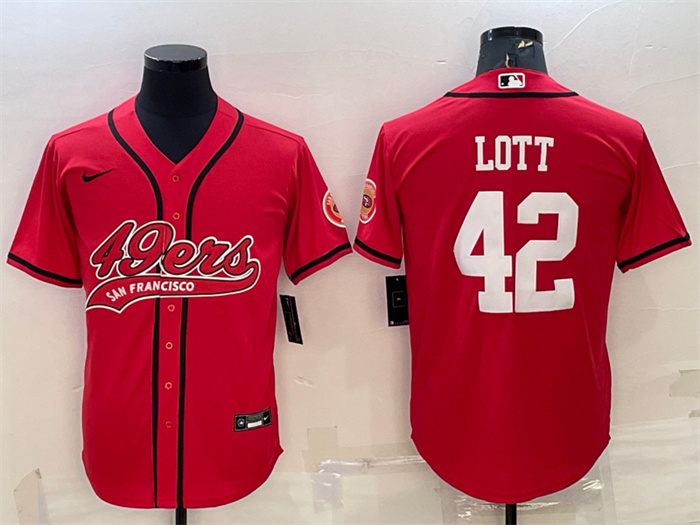 Men's San Francisco 49ers #42 Ronnie Lott Red With Patch Cool Base Stitched Baseball JerseyS