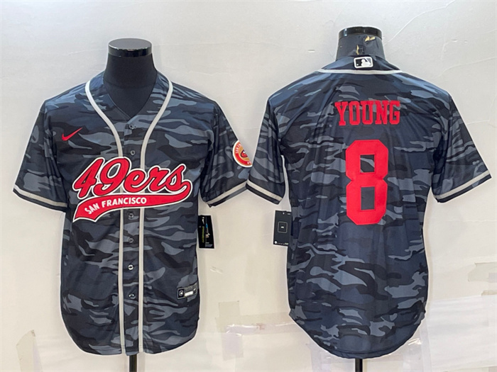 Men's San Francisco 49ers #8 Steve Young Grey Red Camo With Patch Cool Base Stitched Baseball Jersey