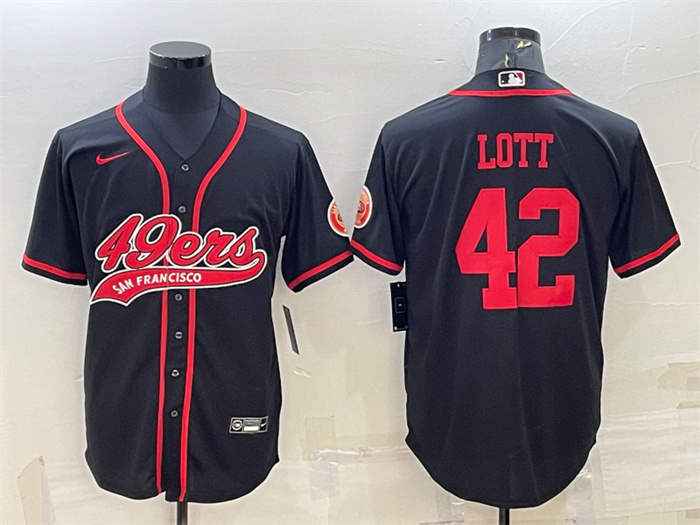 Men's San Francisco 49ers #42 Ronnie Lott Black With Patch Cool Base Stitched Baseball JerseyS