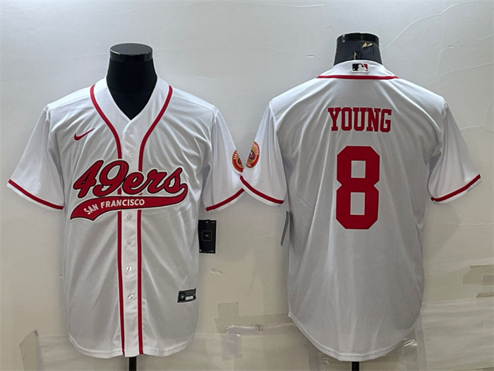 Men's San Francisco 49ers #8 Steve Young White With Patch Cool Base Stitched Baseball Jersey