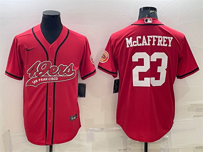 Men's San Francisco 49ers #23 Christian McCaffrey Red With Patch Cool Base Stitched Baseball JerseyS