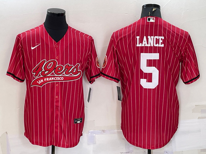 Men's San Francisco 49ers #5 Trey Lance Red With Patch Cool Base Stitched Baseball Jersey