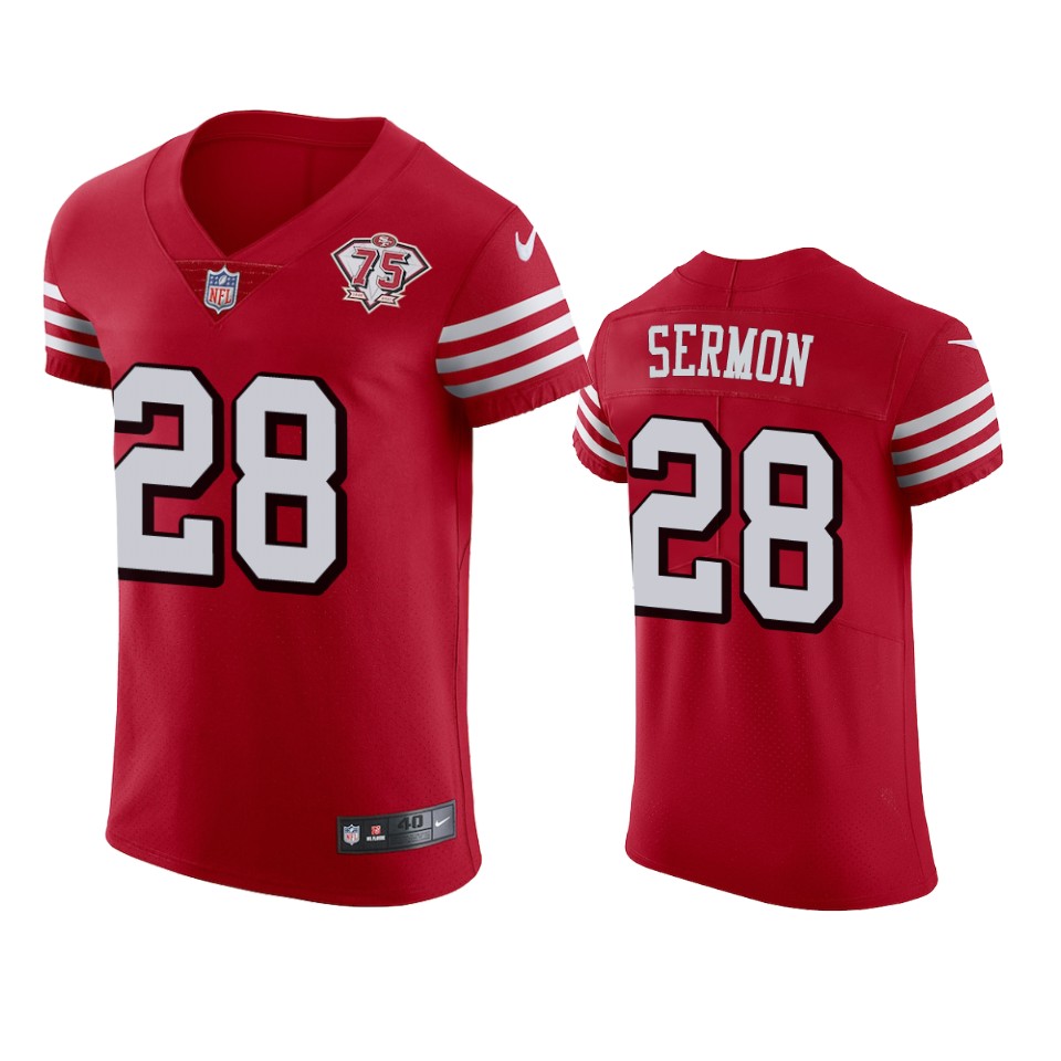 Nike 49ers #28 Trey Sermon Red Rush Men's 75th Anniversary Stitched NFL Vapor Untouchable Elite Jersey