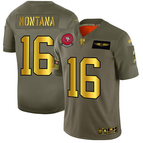 49ers #16 Joe Montana Camo Gold Men's Stitched Football Limited 2019 Salute To Service Jersey