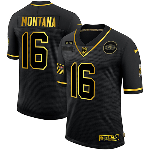 Nike 49ers 16 Joe Montana Black Gold 2020 Salute To Service Limited Jersey