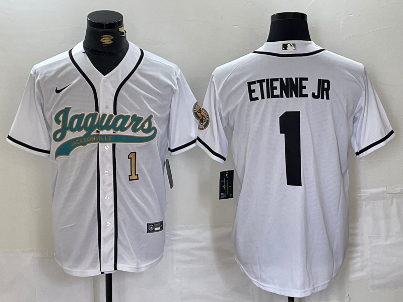 Men's Jacksonville Jaguars #1 Travis Etienne Jr. White With Patch Cool Base Stitched Baseball Jersey 2