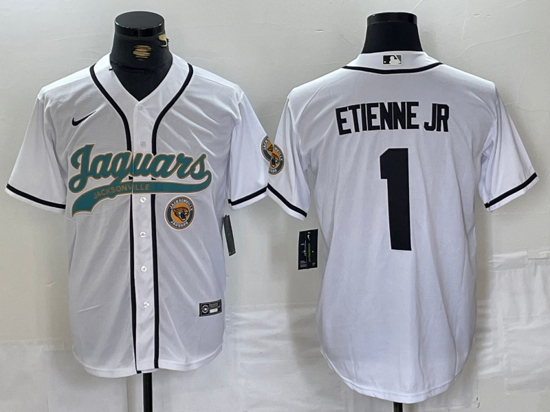 Men's Jacksonville Jaguars #1 Travis Etienne Jr. White With Patch Cool Base Stitched Baseball Jersey 1