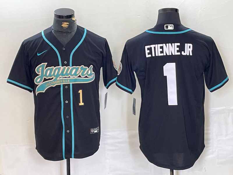 Men's Jacksonville Jaguars #1 Travis Etienne Jr. Black With Patch Cool Base Stitched Baseball Jersey 2