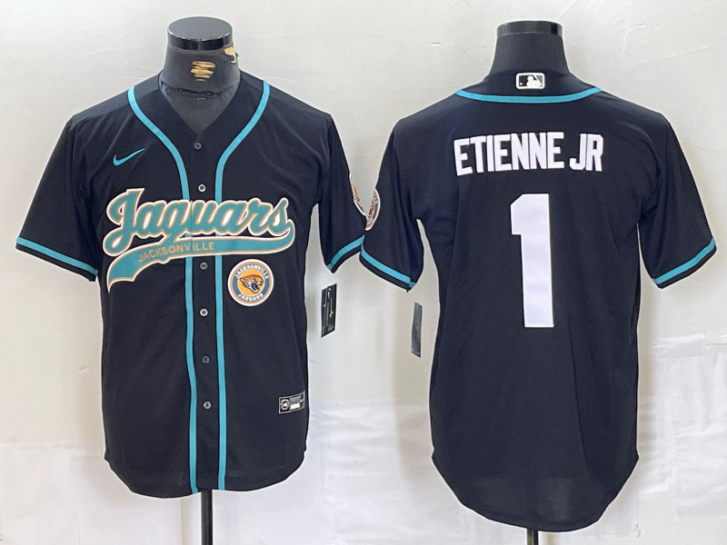 Men's Jacksonville Jaguars #1 Travis Etienne Jr. Black With Patch Cool Base Stitched Baseball Jersey 1