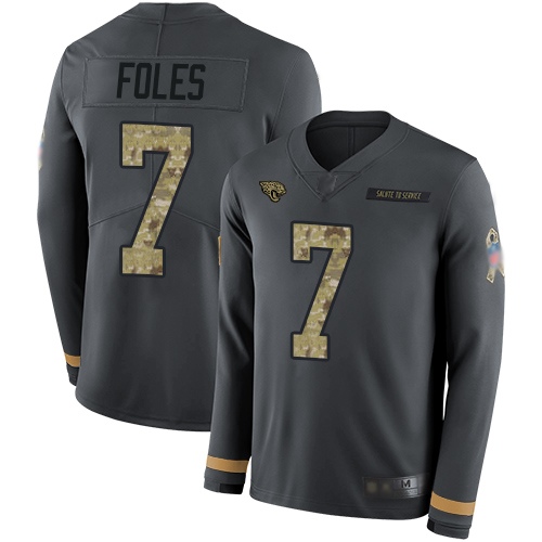 Jaguars #7 Nick Foles Anthracite Salute to Service Men's Stitched Football Limited Therma Long Sleeve Jersey