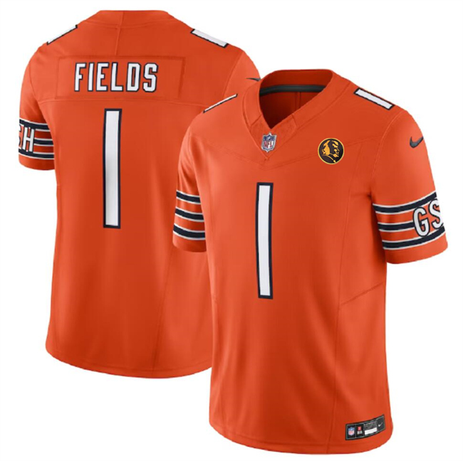 Men's Chicago Bears #1 Justin Fields Orange 2023 F.U.S.E. With John Madden Patch Vapor Limited Stitched Football Jersey