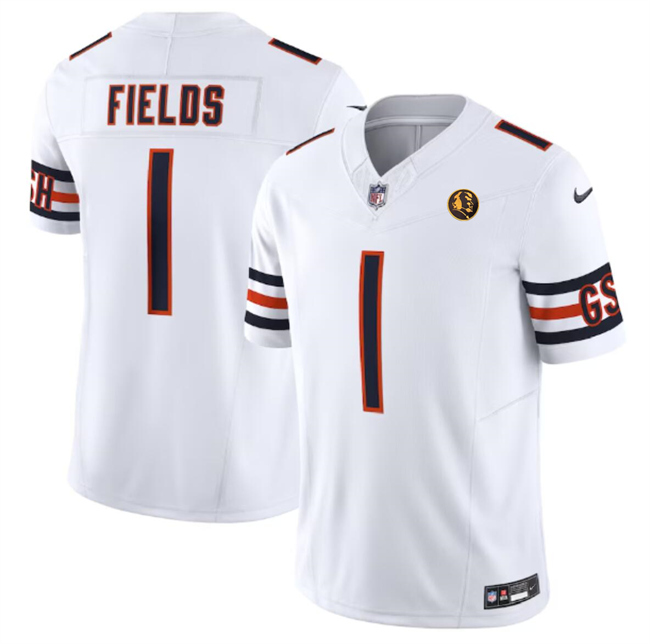 Men's Chicago Bears #1 Justin Fields White 2023 F.U.S.E. With John Madden Patch Vapor Limited Stitched Football Jersey