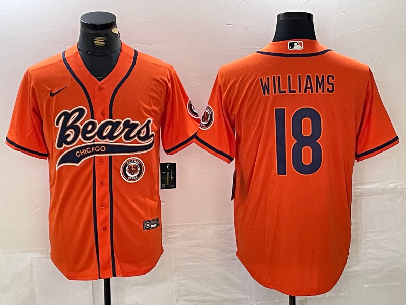 Men's Chicago Bears #18 Caleb Williams Orange With Patch Cool Base Stitched Baseball Jersey 1