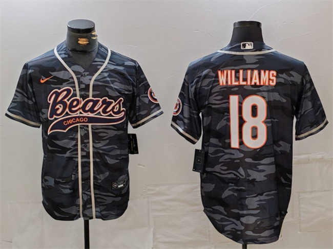 Men's Chicago Bears #18 Caleb Williams Grey Camo With Patch Cool Base Stitched Baseball Jersey