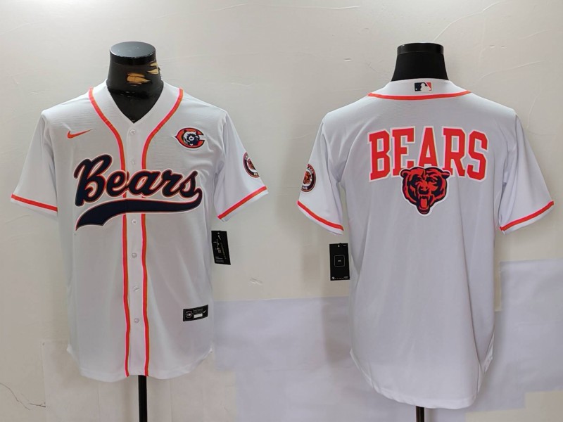 Men's Chicago Bears White Team Big Logo With Patch Cool Base Stitched Baseball Jersey 1