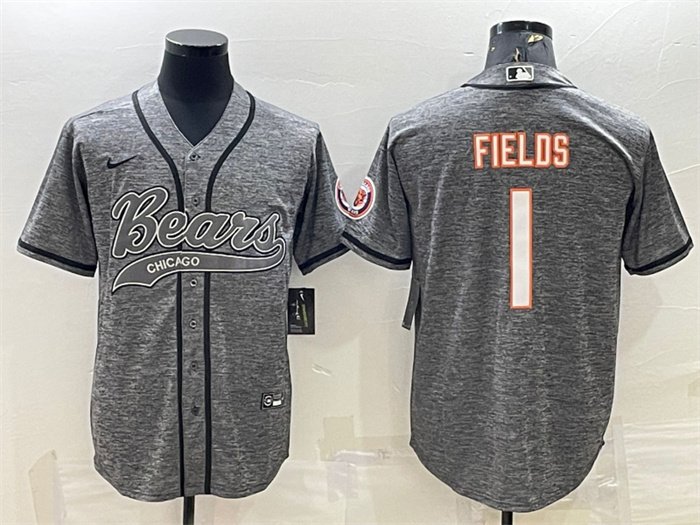 Men's Chicago Bears #1 Justin Fields Grey With Patch Cool Base Stitched Baseball Jersey