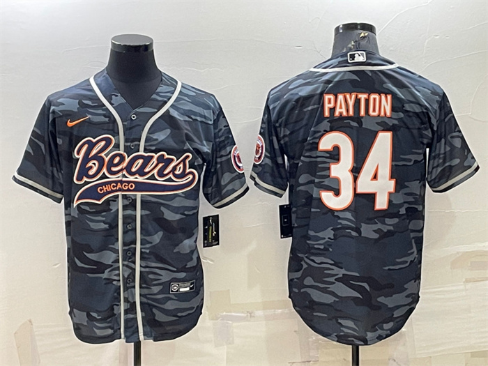 Men's Chicago Bears Blank #34 Walter Payton Grey Camo With Patch Cool Base Stitched Baseball Jersey 001