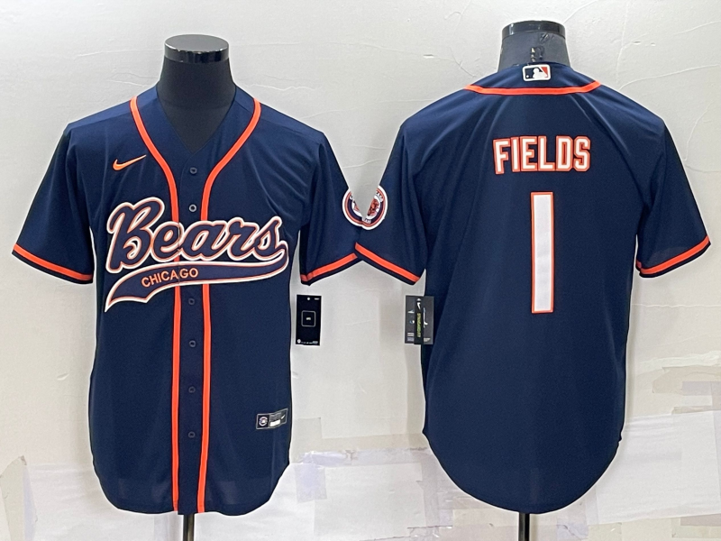 Men's Chicago Bears #1 Justin Fields Navy Cool Base Stitched Baseball Jersey