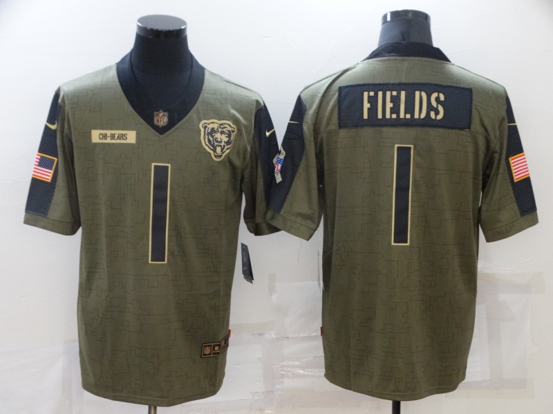 Men's Chicago Bears #1 Justin Fields 2021 Olive Salute To Service Limited Stitched Jersey