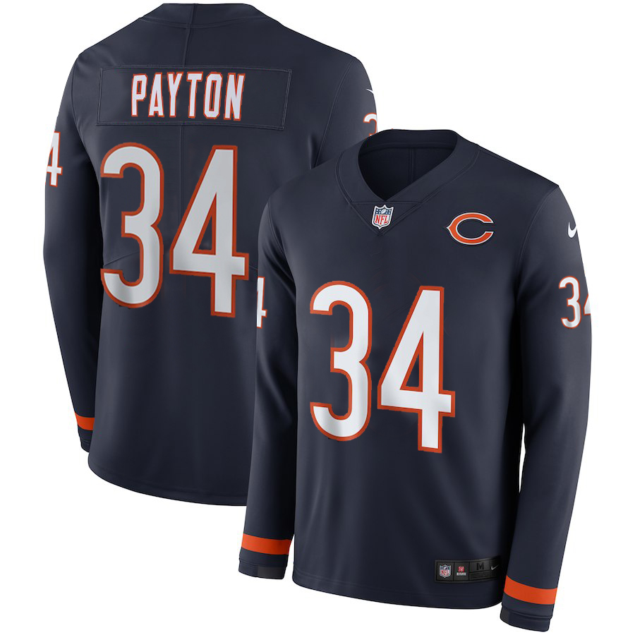 Nike Bears 34 Walter Payton Navy Therma Long Sleeve Jersey