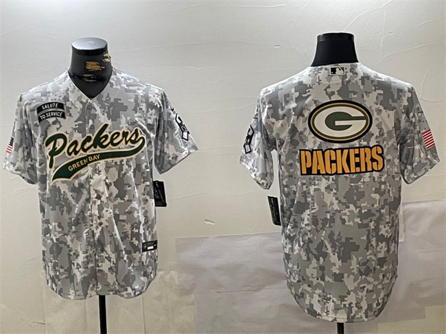 Men's Green Bay Packers Team Big Logo 2024 Arctic Camo Salute To Service Stitched Baseball Jersey