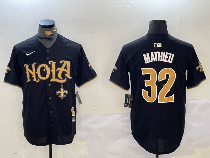 Men's New Orleans Saints #32 Tyrann Mathieu Black Cool Base Stitched Baseball Jersey 2