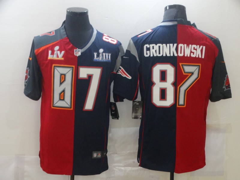 Nike Buccaneers & Patriots #87 Rob Gronkowski Men's Red Navy Blue Limited NFL 2020 2021 super bowl Jersey