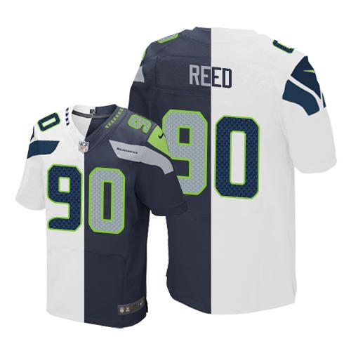 Nike Seahawks #90 Jarran Reed White Steel Blue Men's Stitched NFL Elite Split Jersey