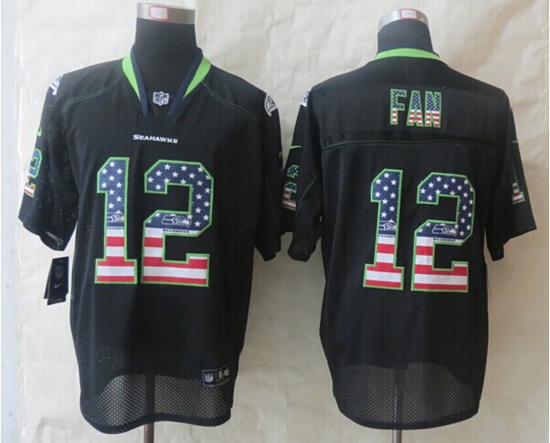 2014 New Nike Seattle Seahawks 12 Fan USA Flag Fashion Black Elite Jerseys